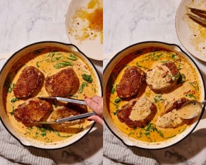 Two step-by-step photos showing golden-brown pork chops being returned to a skillet of creamy sun-dried tomato and spinach sauce, then spooned with sauce to coat the pork.