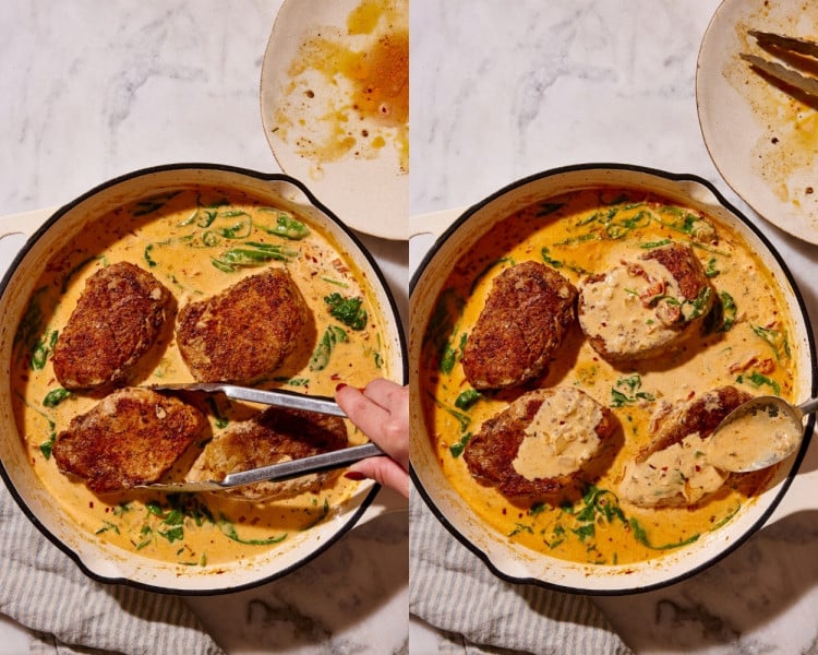 Two step-by-step photos showing golden-brown pork chops being returned to a skillet of creamy sun-dried tomato and spinach sauce, then spooned with sauce to coat the pork.