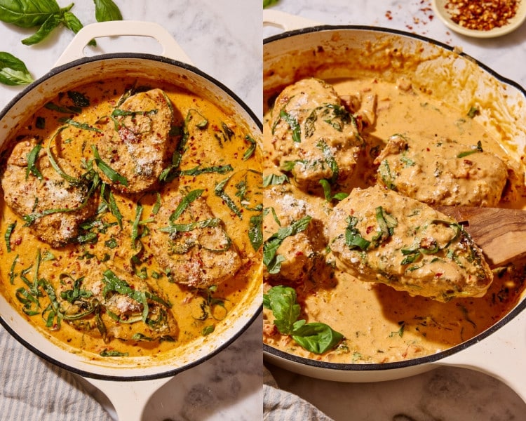 Finished Marry Me Pork Chops nestled in a skillet of creamy sun-dried tomato Parmesan sauce, garnished with fresh basil, grated Parmesan cheese, and red pepper flakes, with one pork chop lifted from the sauce on a wooden spatula.