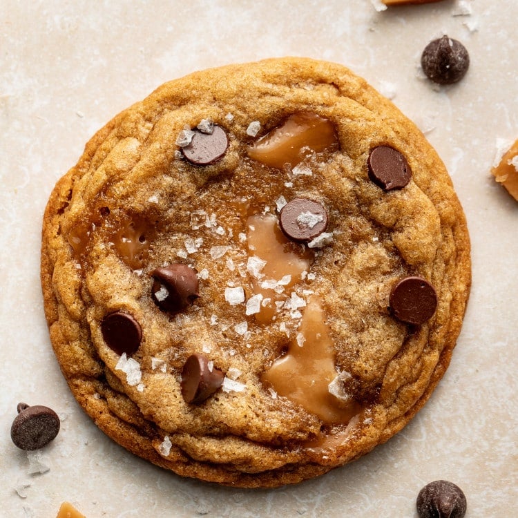 One toffee chocolate chip cookie topped with flaky sea salt.