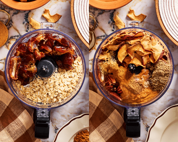 Side-by-side photo of adding all the ingredients for apple pie energy bites to a food processor.