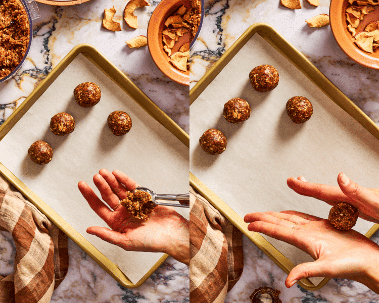 Scooping apple pie energy bite mixture with cookie scoop then rolling in hands to form a round ball.