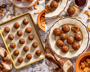 Side-by-side image of apple pie energy bites rolled on a parchment-lined baking tray then served on a round plate.