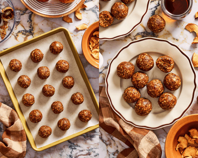 Side-by-side image of apple pie energy bites rolled on a parchment-lined baking tray then served on a round plate.
