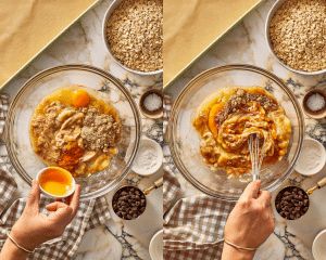 Side-by-side image of mixing wet ingredients together.