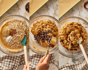 Three images of adding the dry ingredients to the wet ingredients then folding in the chocolate chips.