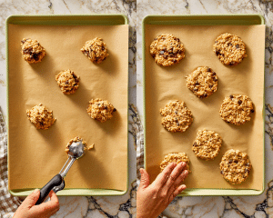Side-by-side image of scooping the cookie dough onto a prepared baking sheet then pressing down with a hand to flatten the cookies a bit before baking.