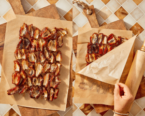 Side-by-side of rolling the dates into an even layer with a rolling pin.