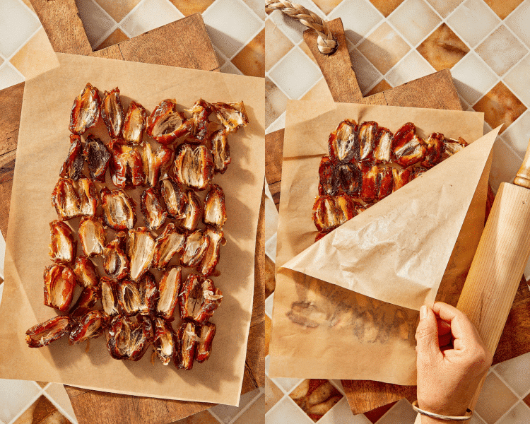 Side-by-side of rolling the dates into an even layer with a rolling pin.