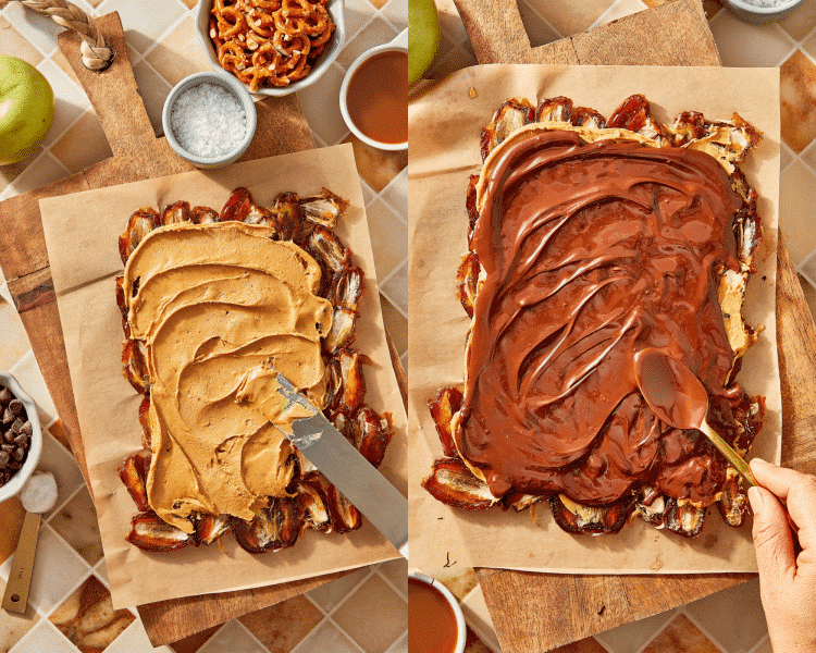 Side-by-side of adding the peanut butter then spreading the chocolate on top.