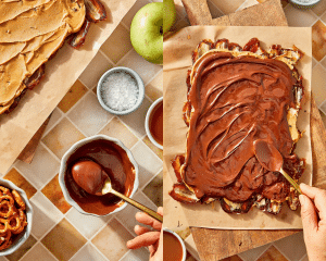 Side-by-side of melting the chocolate then spreading on top of the peanut butter layer.