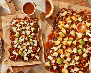 Side-by-side image of adding the apples to the dark bark then drizzling with thick caramel sauce.