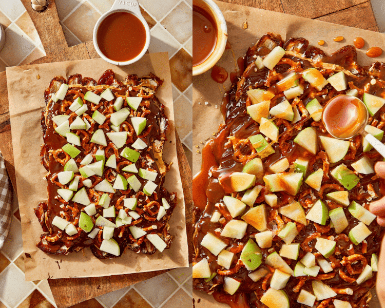 Side-by-side image of adding the apples to the dark bark then drizzling with thick caramel sauce.