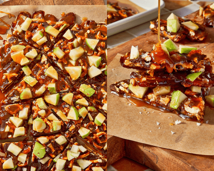 Side-by-side of breaking the chilled caramel apple date bark into pieces then drizzling two pieces with extra caramel before serving.