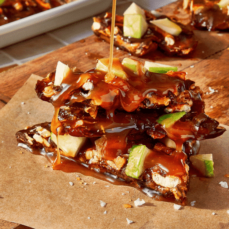 Featured image for caramel apple date bark.