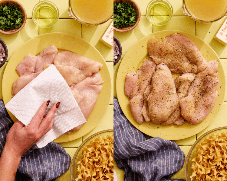 Side-by-side image of patting chicken dry then adding the seasonings.