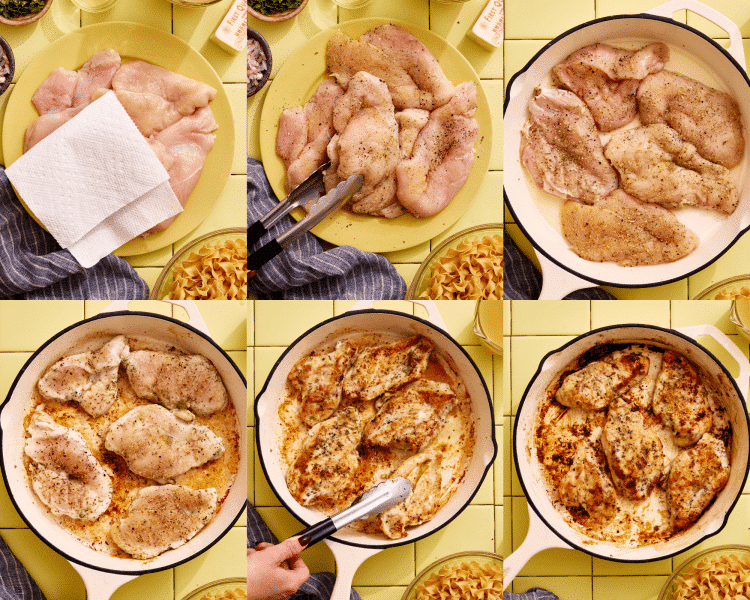 Six images of patting chicken dry, adding seasonings then cooking in a large skillet.