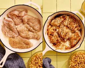 Side-by-side image of adding seasoned chicken cutlets to a large skillet them cooking for five minutes on both sides until done.