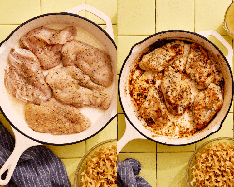 Side-by-side image of adding seasoned chicken cutlets to a large skillet them cooking for five minutes on both sides until done.