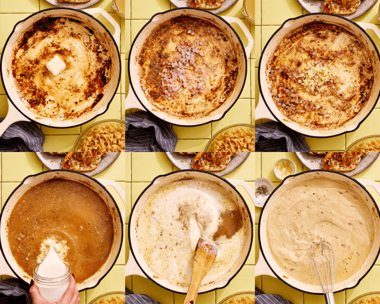 Six images of making the garlicky butter sauce.