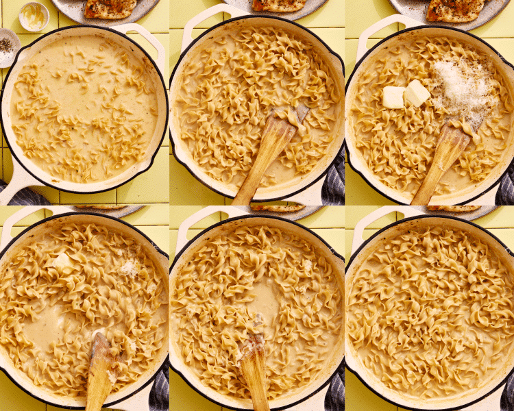 Six images of cooking the noodles in the sauce, then adding the parmesan and butter and coating until glossy.