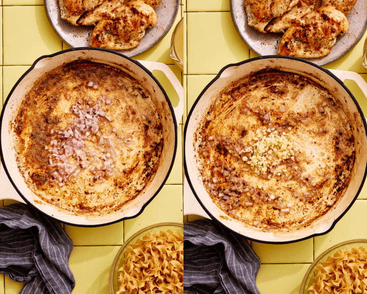 Side-by-side of cooking the aromatics in the large skillet.
