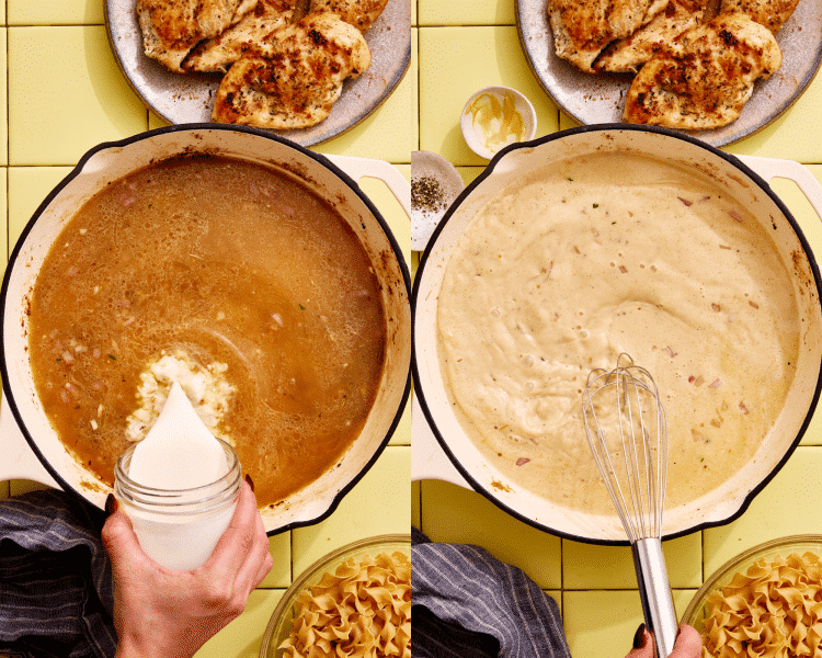 Side-by-side of adding the chicken broth and heavy cream then letting simmer.