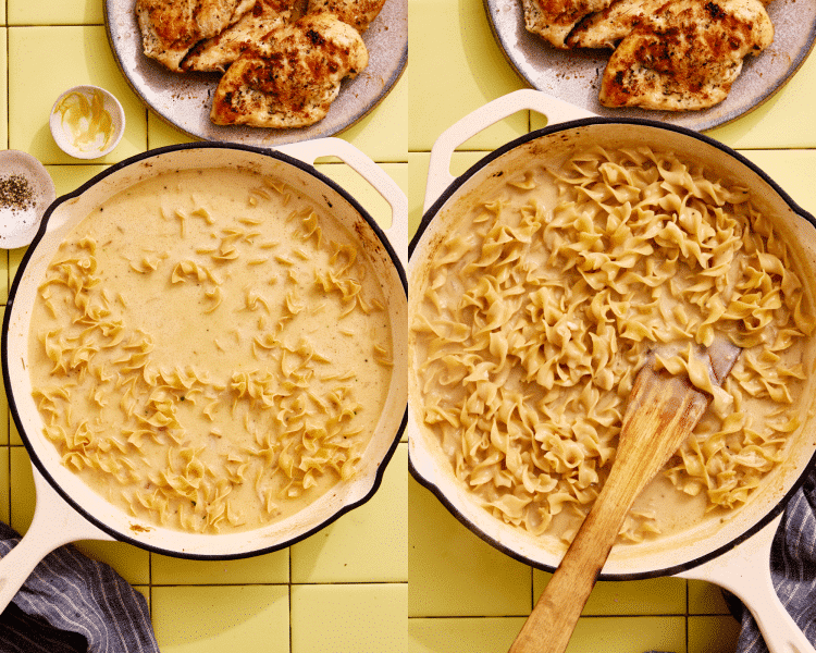Side-by-side image of adding the noodles to the skillet then letting them cook in the sauce for 7-9 minutes.