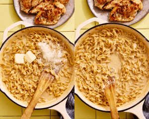 Side-by-side image of adding the parmesan cheese and butter to the noodles and tossing until they're coating.