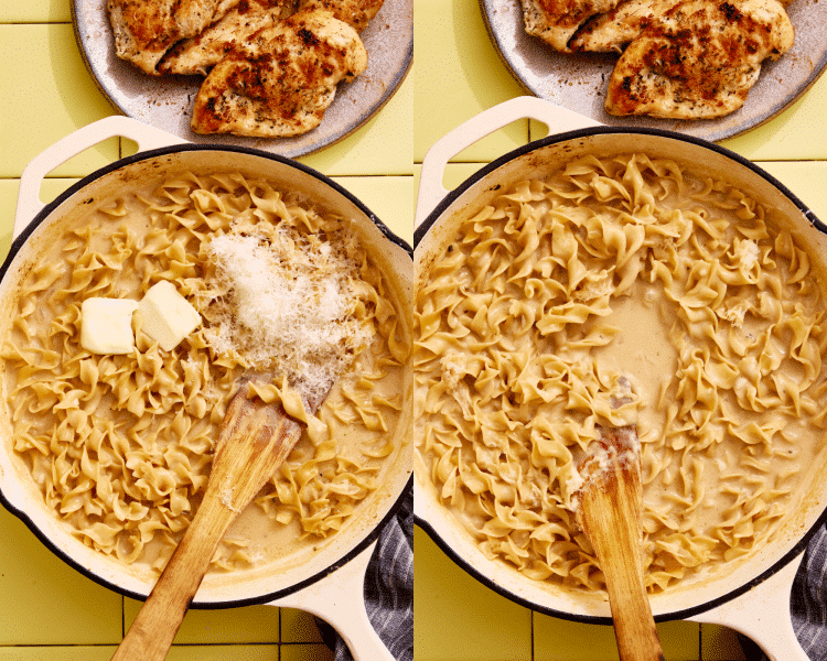 Side-by-side image of adding the parmesan cheese and butter to the noodles and tossing until they're coating.