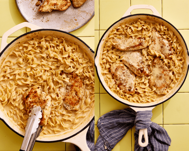 Side-by-side image of adding the chicken back to the large skillet and letting heat through.