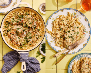 Side-by-side image of garnishing the finished chicken and noodles with fresh parsley then plating to serve.