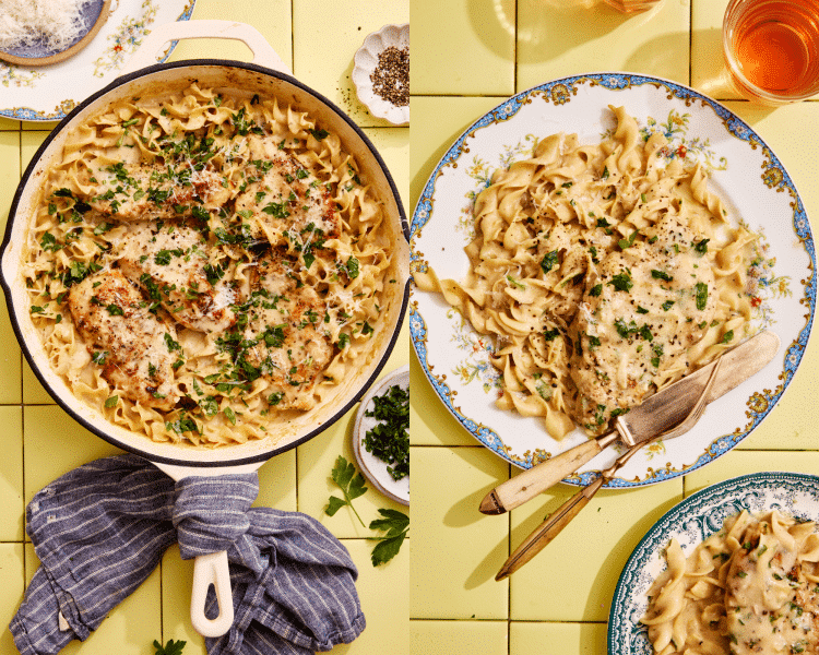 Side-by-side image of garnishing the finished chicken and noodles with fresh parsley then plating to serve.
