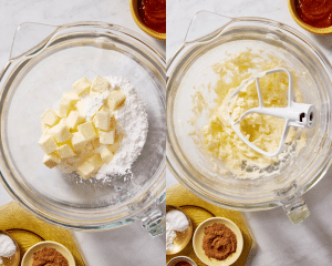 Side-by-side image of creaming the butter and sugar.