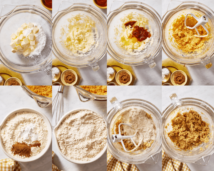 Eight images showing how to make the pumpkin sugar cookie dough.