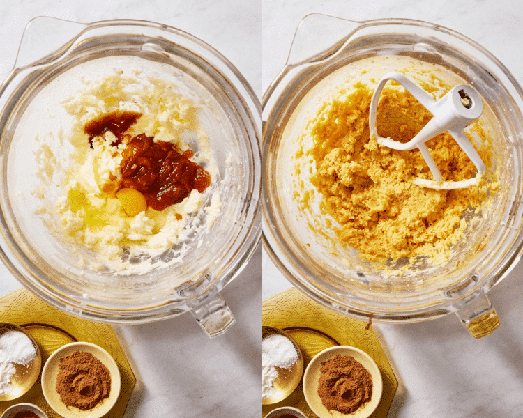 Side-by-side image of adding all the wet ingredients to the creamed butter and sugar then mixing until combined.