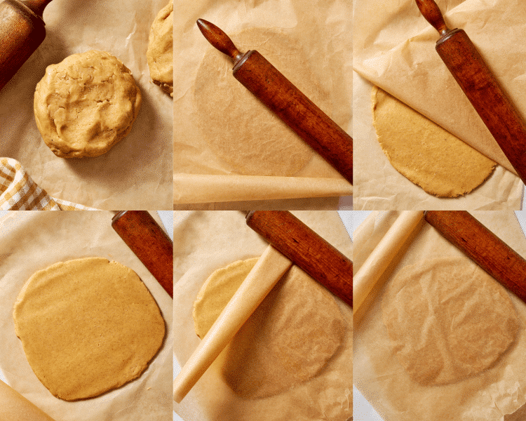 Six images showing how to divide and roll the pumpkin sugar cookie dough.