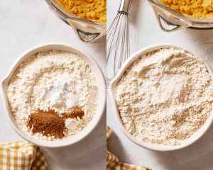 Side-by-side of whisking all the dry ingredients together in a separate bowl.