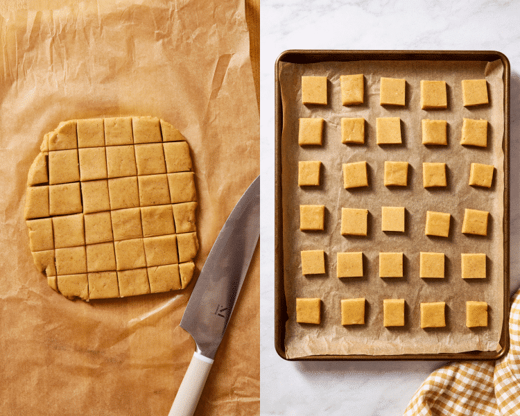 Side-by-side image of cutting pumpkin sugar cookie dough into squares then placing on parchment-lined baking sheet.