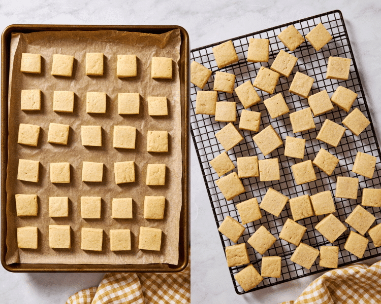 Side-by-side of baking pumpkin sugar cookie bites are parchment-lined baking sheet then letting cookies cool completely on wire rack.