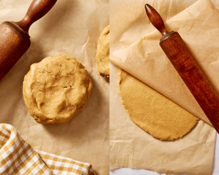 Side-by-side image of dividing the dough into two balls then rolling it out into a thick slab before chilling.