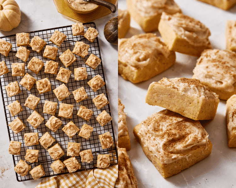Side-by-side of decorating frosted pumpkin sugar cookie bites on a wire rack once cooled then stacking cookie bite son top of each other on a table.