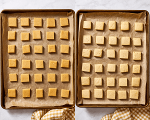 Side-by-side of placing pumpkin sugar cookie squares on a parchment-lined baking sheet then baking for 10 minutes.