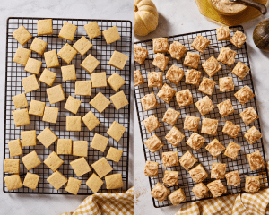 Side-by-side of letting baked pumpkin sugar cookie bites cool on a wire rack then adding the frosting.
