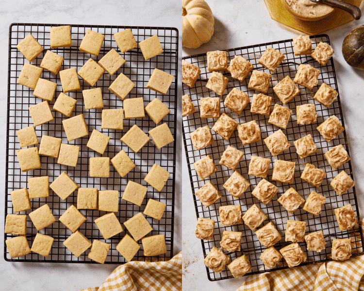 Side-by-side of letting baked pumpkin sugar cookie bites cool on a wire rack then adding the frosting.