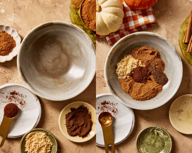Side-by-side image of adding different spices for pumpkin spice to a bowl.