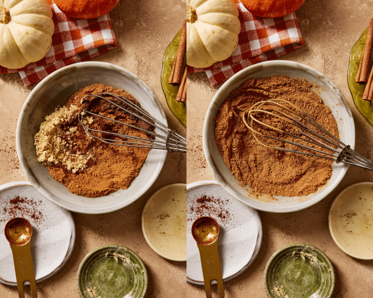 Side-by-side image of whisking together spices to make pumpkin pie spice.