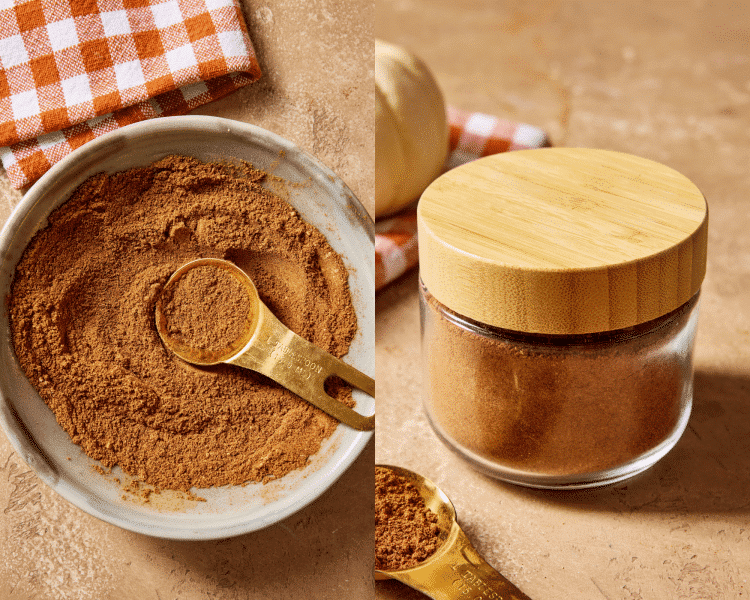 Side-by-side of mixing together pumpkin pie spice then storing in a glass jar.