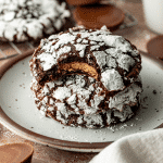 Three reese's crinkle cookies stacked on a plate with the top cookie showing the inside of the reese's cup stuffed inside.