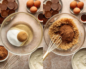 Side-by-side image of whisking the sugars and oils then adding the cocoa powder.